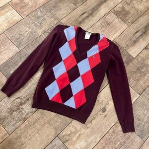 Lacoste Purple Pink Light Blue V-Neck Sweater with Diamond Design Argyle Gator